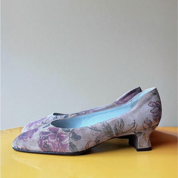 Vintage 70s Suede Heels | Floral Leather Square Toe Block Heel | 7.5M - Picture 1 of 7